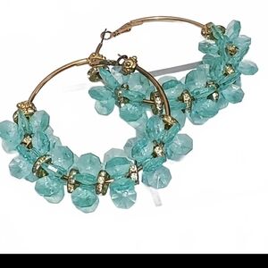 Gold Hoop Earrings with Aqua Crystal Beads